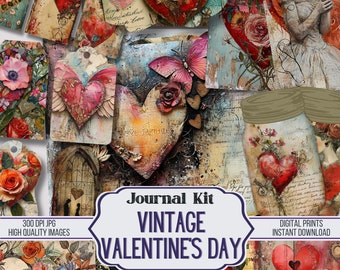 Vintage Valentine&#39;s Day Junk Journal Kit Ephemera, Spring ATC, Tags, Pocket, Scrapbook Supply, Over 100 Digital Items, Digitals, Printable