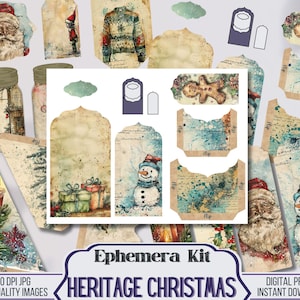 Puede incluir: Un kit de efímeras imprimible digital para manualidades con temática navideña. El kit incluye imágenes de Papá Noel, muñecos de nieve, regalos, velas y otros elementos invernales. El texto "Heritage Christmas" aparece en la imagen.