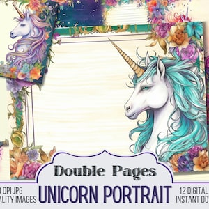 Unicorn Portrait Vintage Junk Journal Papers, Journal Scrapbook Supply - 12 Solid Style Junk Journal Pages - Ephemera, Vintage Pages
