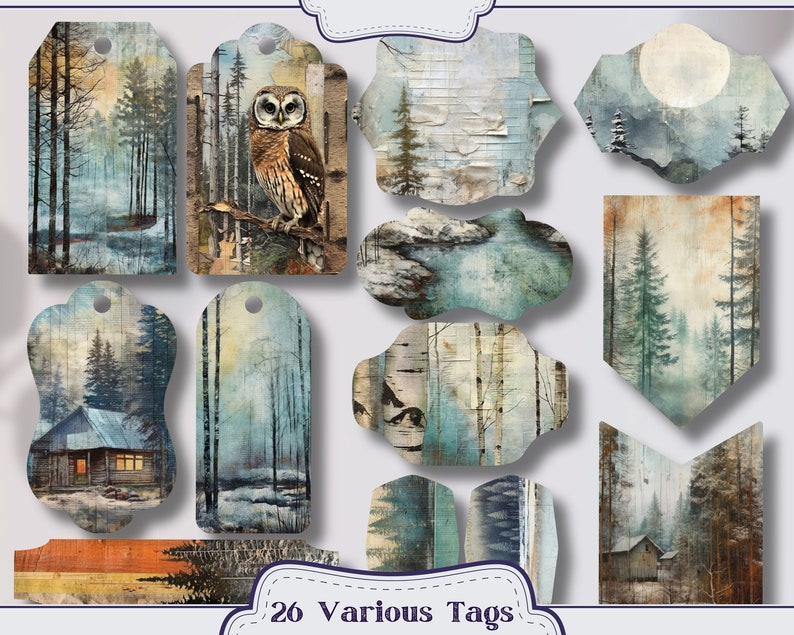 Mixed Media Winter Forest Junk Journal Kit Ephemera, ATC, Tags, Pocket ...