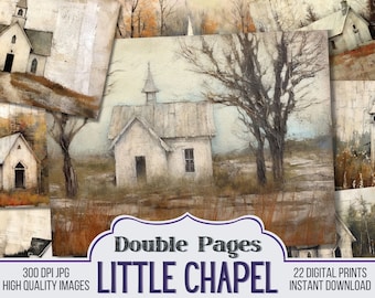 May include: A digital collage of 22 printable images featuring a white country chapel with a steeple, surrounded by trees and a field. The text "Double Pages Little Chapel" is displayed in a purple banner.