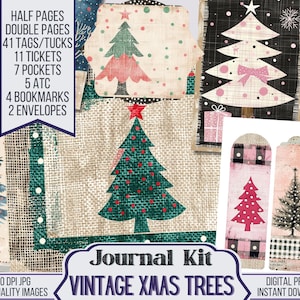 May include: A digital printable journal kit featuring vintage Christmas trees in various styles and colors. The kit includes half pages, double pages, tags, tickets, pockets, ATC cards, bookmarks, and envelopes. The text "Journal Kit Vintage Xmas Trees" is printed on the bottom of the image.