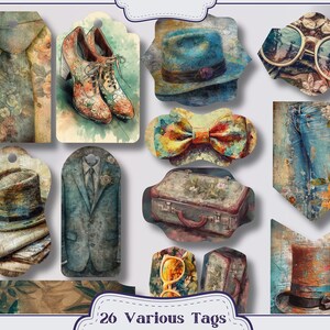 Pu&ograve; includere: Una collezione di 26 etichette varie con illustrazioni ad acquerello. Le etichette presentano immagini di cravatta, scarpe, cappelli, un abito, un papillon, occhiali da sole, una valigia e jeans. La tavolozza dei colori comprende blu, verdi, arancioni e marroni.