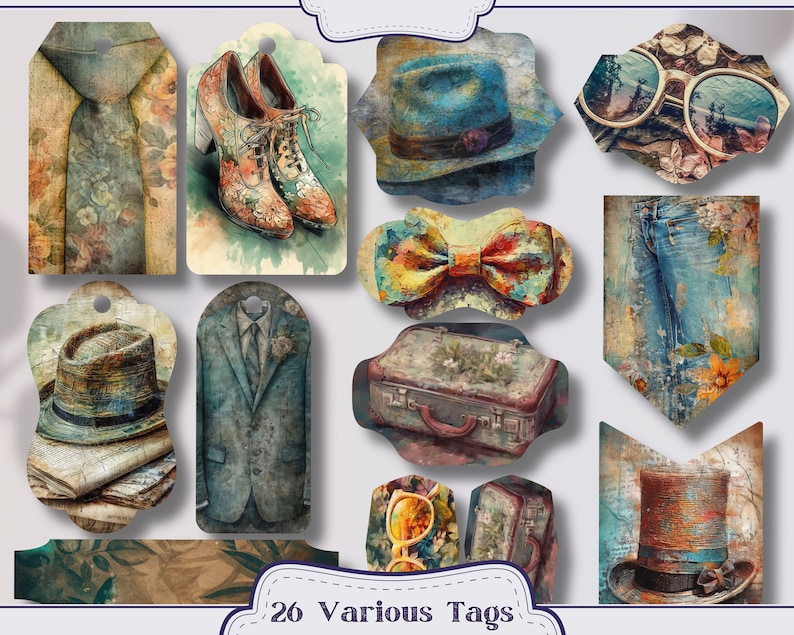Pu&ograve; includere: Una collezione di 26 etichette varie con illustrazioni ad acquerello. Le etichette presentano immagini di cravatta, scarpe, cappelli, un abito, un papillon, occhiali da sole, una valigia e jeans. La tavolozza dei colori comprende blu, verdi, arancioni e marroni.