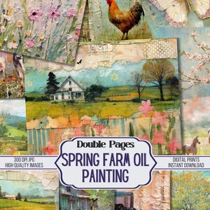 Frühlingsbauernhof Ölgemälde Junk Journal Doppelpapiere, 24 Frühling druckbare dekorative Hintergrundseiten, Scrapbookzubehör, digitaler Download