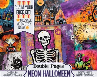 May include: A digital collage of eight Halloween themed images. The images include a skeleton, a witch, a pumpkin, a haunted house, a cauldron, and a spooky tree. The images are in a variety of colors, including purple, orange, black, and green. The text "Double Pages Neon Halloween" is at the bottom of the collage.