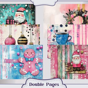 May include: A set of six digital scrapbook paper designs featuring a Christmas theme. The papers include a pink and blue gingerbread man, a Santa Claus, a pink and blue Christmas ornament, a pink and blue coffee cup, and a pink and blue wreath.