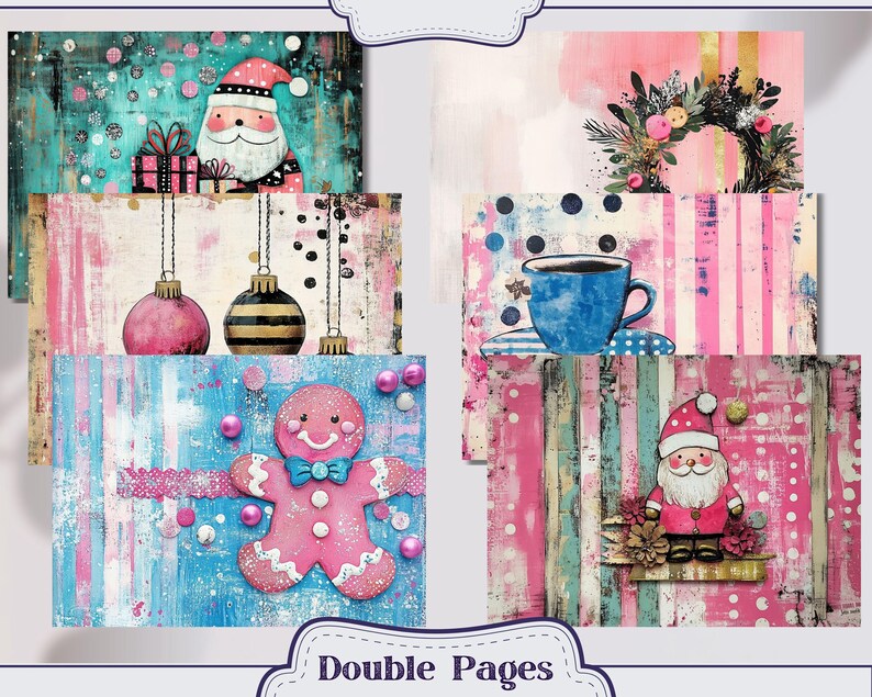 May include: A set of six digital scrapbook paper designs featuring a Christmas theme. The papers include a pink and blue gingerbread man, a Santa Claus, a pink and blue Christmas ornament, a pink and blue coffee cup, and a pink and blue wreath.