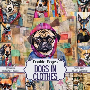 Dogs in Clothes on Ephemera Junk Journal Double Papers, 22 Decorative Printable Background Pages, Scrapbook Supplies, Digital Download