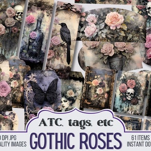 Puede incluir: Un collage digital de 61 imágenes con rosas góticas, calaveras, mariposas, pájaros y marcos de estilo vintage. Las imágenes están en una paleta de colores oscuros y melancólicos y son perfectas para scrapbooking, creación de tarjetas o proyectos de arte digital. El texto "ATC, tags, etc. Gothic Roses" se muestra en la parte inferior del collage.