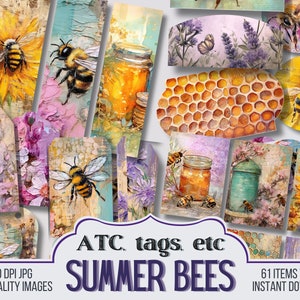 May include: A digital collage of images featuring bees, honey, sunflowers, lavender, and honeycomb. The images are in a vintage style with a distressed, textured background. The text "ATC. tags. etc SUMMER BEES" is in the centre of the collage.