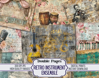Retro Instrument Ensemble Junk Journal Double Papers, 26 Grungy Musical Intruments Printable Stamperia Paper, Scrapbook Craft Supplies