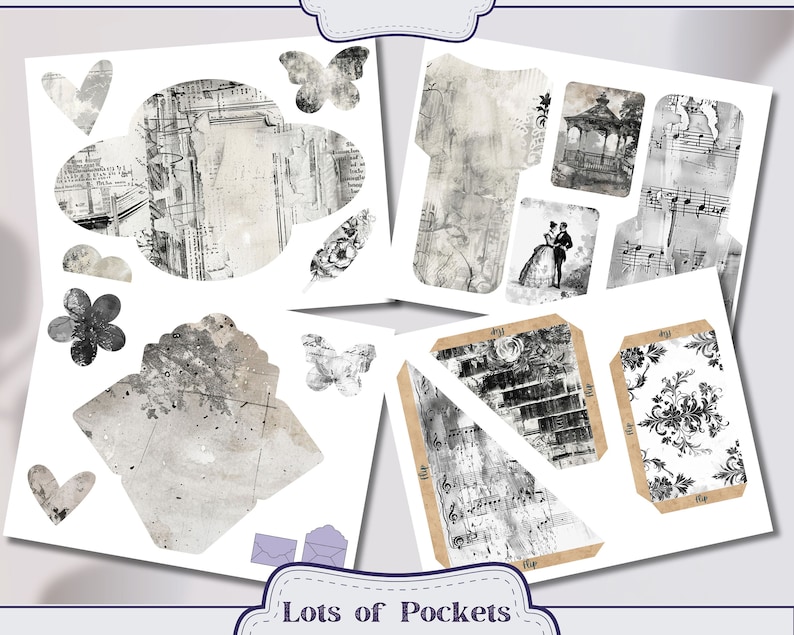 Vintage Black and White Pages Junk Journal Kit Ephemera, ATC, Tags ...
