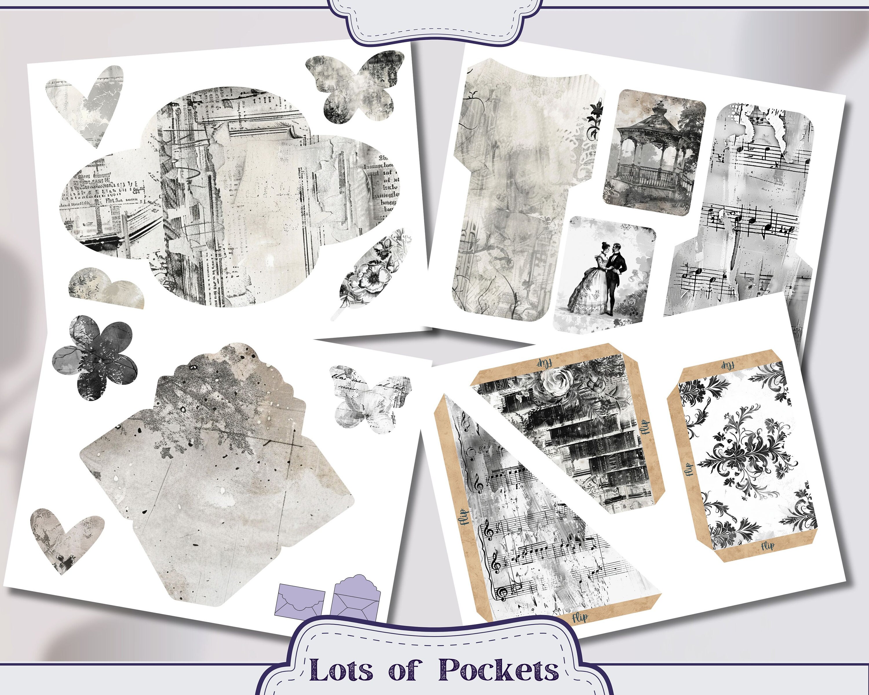 Vintage Black and White Pages Junk Journal Kit Ephemera, ATC, Tags ...