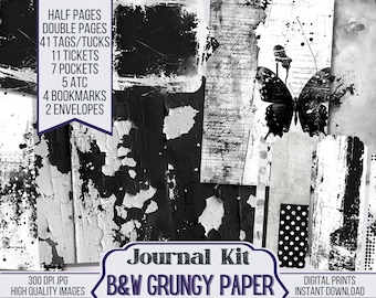 May include: Black and white digital paper pack with grunge textures, a butterfly, and polka dots. The pack includes 41 tags/tucks, 11 tickets, 7 pockets, 5 ATC, 4 bookmarks, and 2 envelopes.  Journal Kit B&W Grungy Paper. Digital Prints Instant Download.