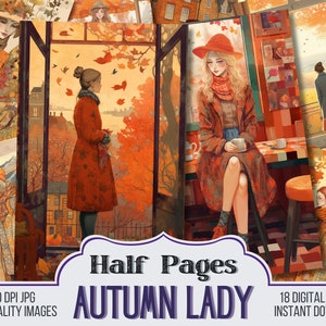 Puede incluir: Hoja de collage digital con ilustraciones de mujeres con ropa de otoño. Las imágenes muestran a una mujer con un abrigo rojo de pie en una puerta, una mujer con un abrigo rojo y un sombrero sentada en una cafetería y una mujer con un abrigo amarillo caminando en un parque. El texto "Half Pages Autumn Lady" está en la parte inferior del collage.