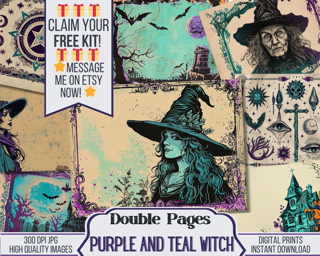 Purple and Teal Witch Junk Journal Printable Set of Vintage Pages is ...