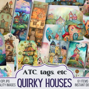 Quirky Houses Junk Journal Ephemera, ATC cards, Tags, Pocket, Circles, Journal Scrapbook Supply - 61 Ephemera - Vintage Pages, Printable