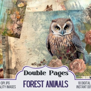 Forest Animals Vintage Junk Journal Double Papers, Scrapbook Supply - 18 Forest Style Junk Journal Page, Vintage Pages, Digital Download