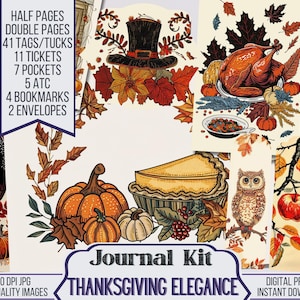 Thanksgiving Elegance Junk Journal Kit includes 40 Printable Pages & 81 Fall Ephemera like Pockets, Tags, ATC available for Instant Download