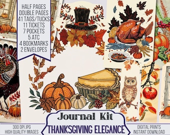 May include: A digital printable Thanksgiving journal kit with a variety of images including a turkey, pumpkins, a pie, an owl, and fall leaves. The kit includes half pages, double pages, tags, tickets, pockets, ATC cards, bookmarks, and envelopes. The text "Journal Kit Thanksgiving Elegance" is printed on the bottom of the image.