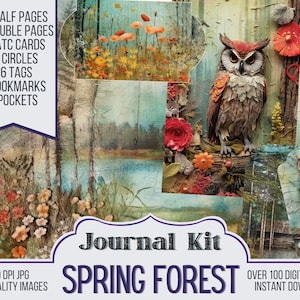 Mixed Media Spring Forest Junk Journal Kit Ephemera, ATC, Tags, Pocket, Scrapbook Supply, Animals Pages, Over 100 Digital Items, Digitals