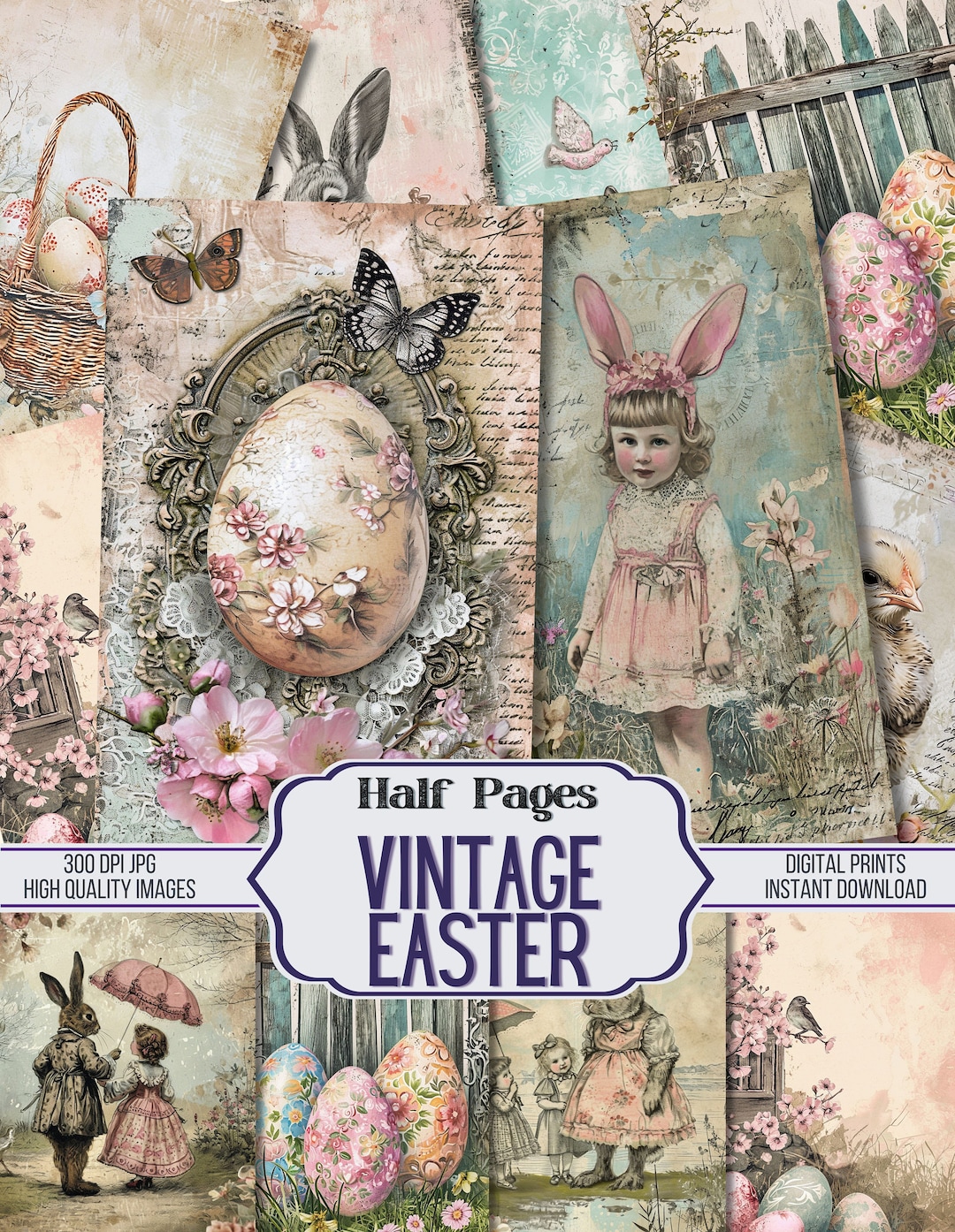 Vintage Easter Junk Journal Half Papers - 20 Easter Bunny, Easter Eggs ...