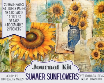 Puede incluir: Un kit de scrapbooking digital con ilustraciones de acuarela de girasoles. El kit incluye 20 medias páginas, 24 páginas dobles, 16 tarjetas ATC, 11 círculos, 26 etiquetas, 4 marcapáginas y 2 bolsillos. El kit se titula "Summer Sunflowers" e incluye más de 100 elementos digitales. Las imágenes son JPG de 300 DPI y de alta calidad.