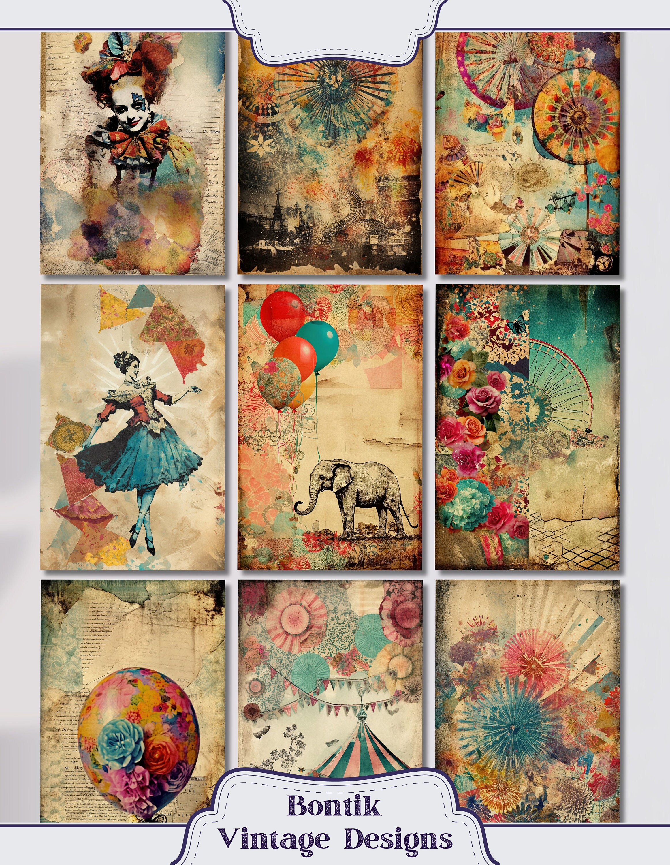 Victorian Circus Junk Journal Half Papers - 24 Vintage