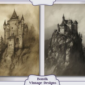 May include: Two black and white pencil drawings of castles perched atop mountain peaks. The castles are intricately drawn and have a vintage feel.
