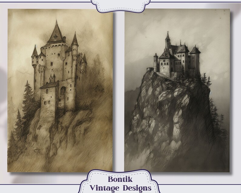May include: Two black and white pencil drawings of castles perched atop mountain peaks. The castles are intricately drawn and have a vintage feel.