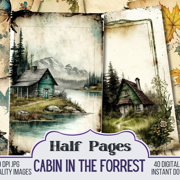 Cabin in the Forest Junk Journal Half Papers, Scrapbook Supply, 40 Journal Pages, Vintage Page, Digital Download, Printable