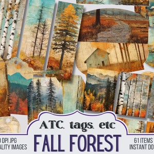 Puede incluir: Una colección de imágenes de arte digital con escenas de bosques otoñales. Las imágenes incluyen etiquetas, círculos y formas rectangulares con ilustraciones de árboles, cabañas y paisajes en colores otoñales. El texto en las imágenes dice "ATC, tags, etc" y "Fall Forest".