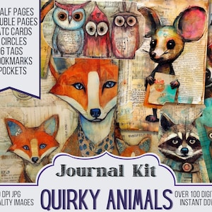 Quirky Animals Junk Journal Kit Ephemera, ATC, Tags, Pocket, Journal Scrapbook Supply - 42 Junk Journal Pages, Digital Download