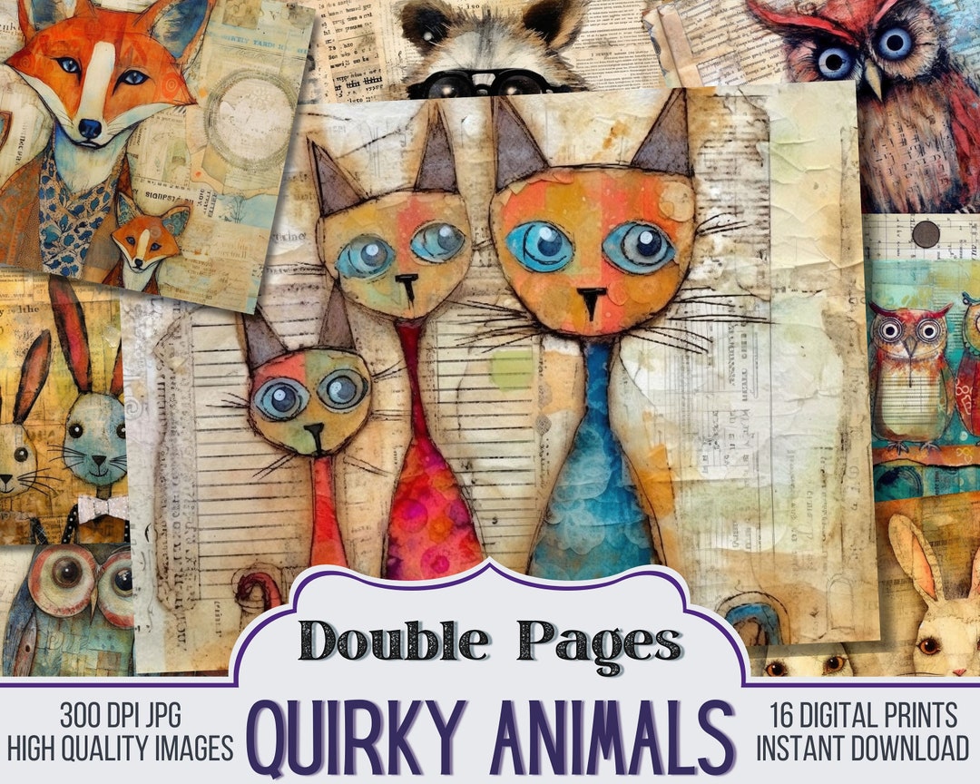 Quirky Animals on Ephemera Vintage Junk Journal Double Papers ...