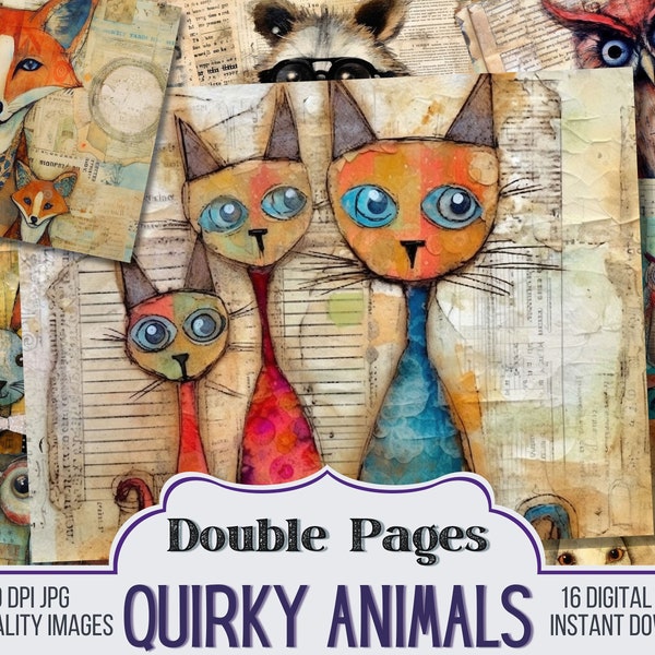 Quirky Animals on Ephemera Vintage Junk Journal Double Papers, Scrapbook Supply - 16 Junk Journal Page, Vintage Pages, Digital Download