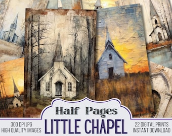 May include: A digital collage of 22 printable images featuring a white country church with a steeple, set against a variety of backgrounds, including a forest, a sunset, and a field of grass. The images are high-quality, 300 DPI JPGs, and are available for instant download.