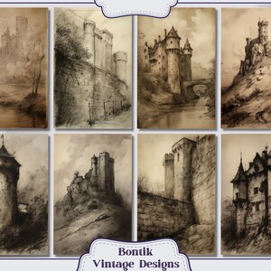May include: A collection of eight vintage drawings of castles and fortresses in black and white. The drawings are on a textured paper background.