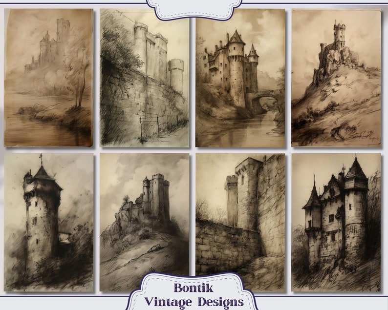 May include: A collection of eight vintage drawings of castles and fortresses in black and white. The drawings are on a textured paper background.