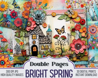 Bright Spring Junk Journal Double Papers, Scrapbook Supply - 30 Spring Style Junk Journal Pages, Vintage Pages, Digital Download, Printable