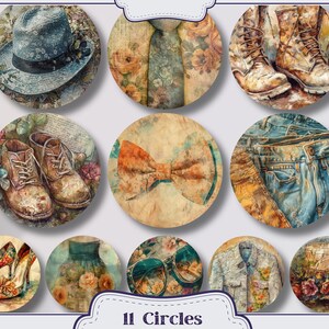 Pu&ograve; includere: Undici immagini circolari con illustrazioni ad acquerello di accessori moda e capi di abbigliamento. Le immagini includono un cappello, stivali, una cravatta, un papillon, jeans, tacchi alti, un vestito, occhiali da sole, una giacca di jeans e un cappello. Il testo "11 Circles" &egrave; in basso.