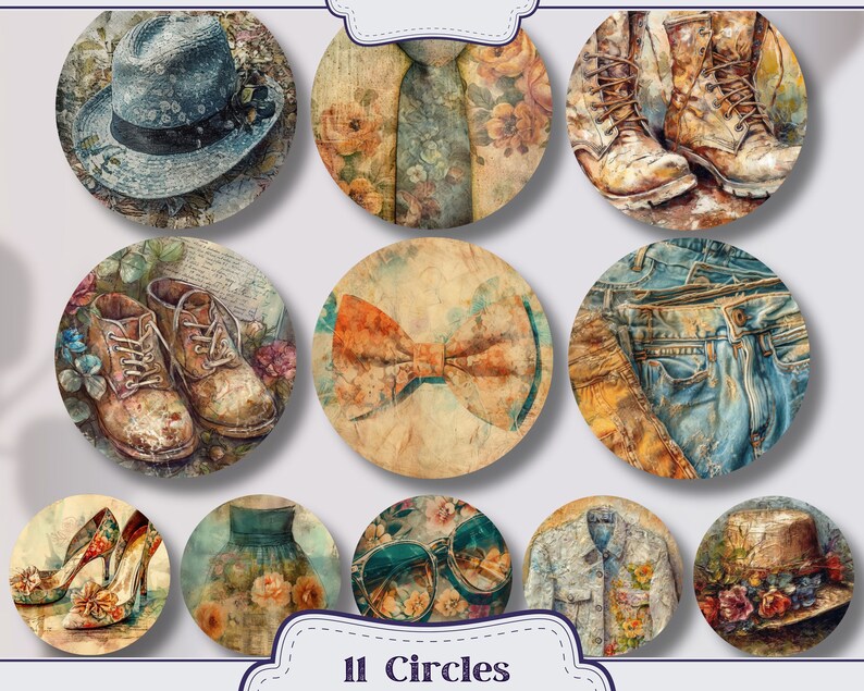 Pu&ograve; includere: Undici immagini circolari con illustrazioni ad acquerello di accessori moda e capi di abbigliamento. Le immagini includono un cappello, stivali, una cravatta, un papillon, jeans, tacchi alti, un vestito, occhiali da sole, una giacca di jeans e un cappello. Il testo "11 Circles" &egrave; in basso.