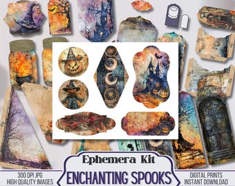 Enchanting Spooks Halloween afdrukbaar kortstondig pakket, afdrukbare grungy Halloween ATC, zakken, tags, enveloppen, benodigdheden voor scrapbooking