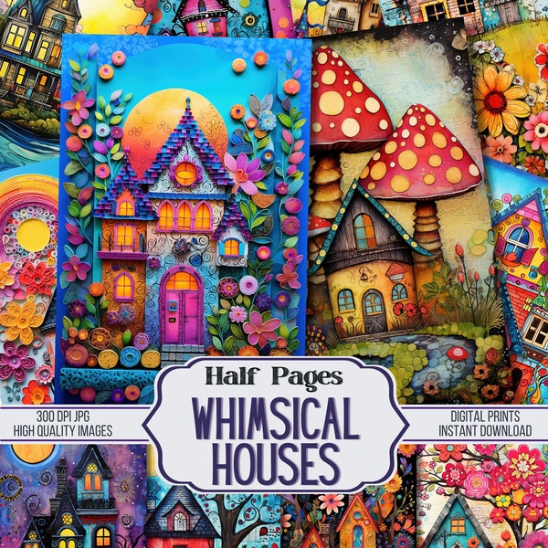 Whimsical Houses Junk Journal Half Papers - 36 Whimsical and Quirky Printable Decorative Pages, Scrapbook Supplies, Digital Download