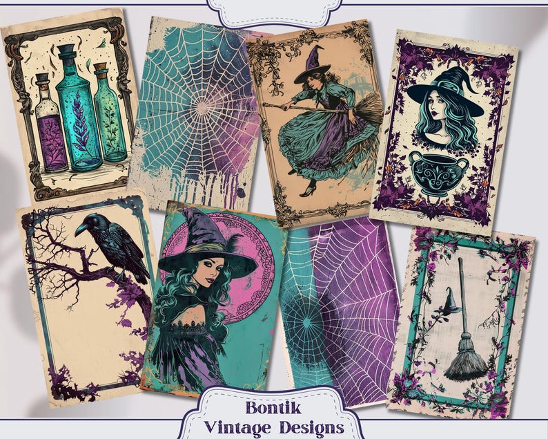 Purple and Teal Witch Halloween Junk Journal Pages, A5 Junk Journal ...