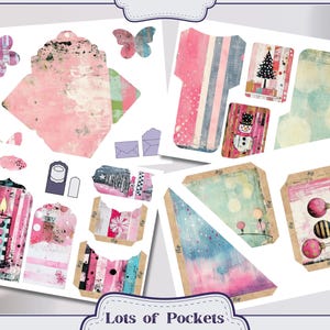 May include: A set of printable pocket card templates featuring a winter theme. The cards are decorated with various winter elements, including snowflakes, ornaments, a snowman, a Christmas tree, and a candle. The text "Lots of Pockets" is printed at the bottom of the page.