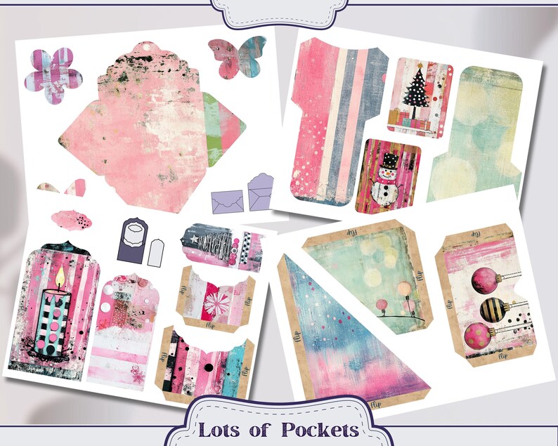 May include: A set of printable pocket card templates featuring a winter theme. The cards are decorated with various winter elements, including snowflakes, ornaments, a snowman, a Christmas tree, and a candle. The text "Lots of Pockets" is printed at the bottom of the page.