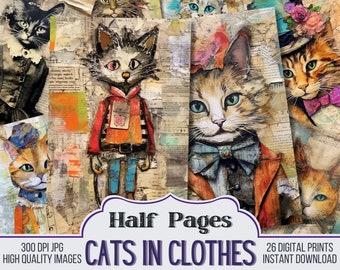 Cats in Clothes on Ephemera Junk Journal Half Papers, Journal Scrapbook Supply - 26 Vintage Junk Journal Pages - Ephemera, Stamperia, Pages