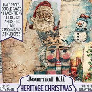 Könnte beinhalten: Ein digitales Scrapbooking-Set mit einem Weihnachtsmotiv. Das Set enthält 41 Etiketten, 11 Tickets, 7 Taschen, 5 ATC-Karten, 4 Lesezeichen, 2 Umschläge und Designs für halbe und ganze Seiten. Das Set ist im Vintage-Stil gehalten und zeigt Bilder eines Nussknackers, des Weihnachtsmanns, eines Schneemanns und einer Kirche.