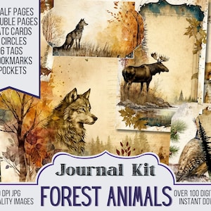 Forest Animals on a Journal Page Journal Kit Ephemera, ATC, Tags, Pocket, Scrapbook Supply, Over 100 Digital Items, 70 Journal Pages